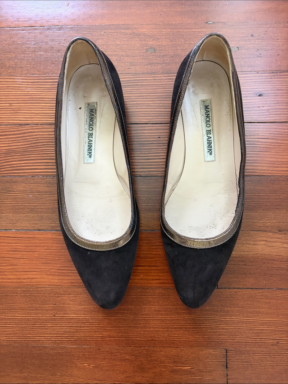 Manolo Blahnik Black Suede Pointed Flats with Gold Trim